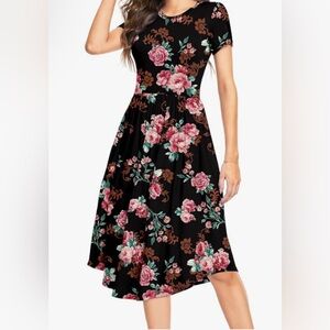 Yundai Women’s Dress, NWT, Black with Floral Print. Size Small
